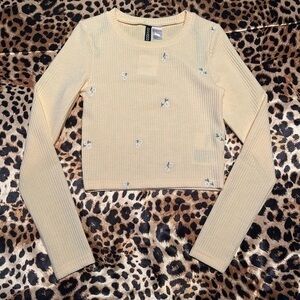 NWT H&M Daisy Embroidered Pastel Yellow Cropped Long Sleeve